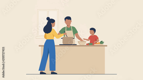 Canvas Print Family cooking together in the kitchen, preparing a healthy meal