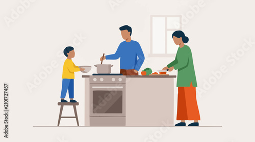 Photos Illustration of family with mother, father, and child cooking in kitchen