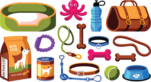 Pet care accessories vector illustration collection featuring dog food bowl bed collar leash toys and travel bag on white background