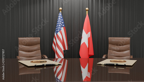 Canvastavla Diplomatic Meeting: Two flags, of the United States and Switzerland, stand beside empty chairs at a polished table, set for an important international discussion or negotiation