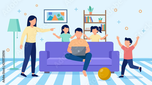 Parents working from home with active children in a busy household