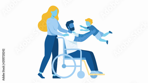 Happy Family Life with Disabled Father and Son, Supported by Mother