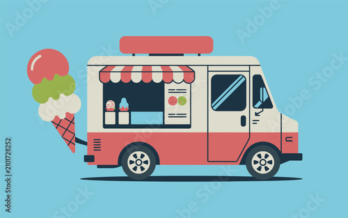Vector illustration of pastel colored ice cream truck with giant dessert