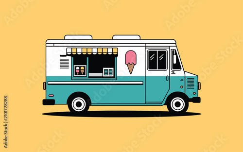 Vector illustration of a teal and white ice cream truck with an awning