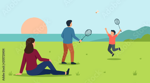 Konstfotografi Family playing badminton and relaxing outdoors at sunset