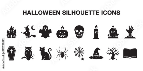 Premium Halloween Solid Black Silhouette Icon Pack Collection.
