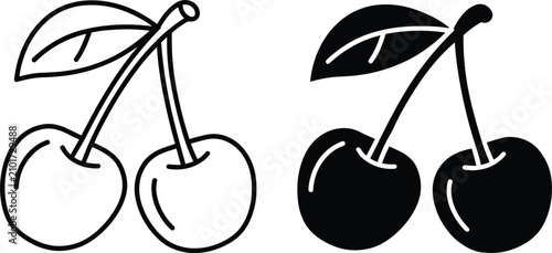 Minimalist vector set of cherry fruit pairs featuring line art outline and solid black silhouette icon options