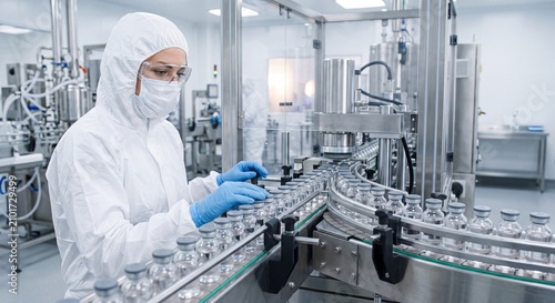 A professional technician wearing protective cleanroom coveralls controls a high tech automated conveyor belt packaging medicine bottles in a facility