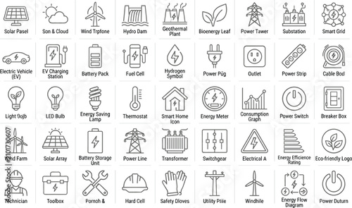 Obraz na płótnie Clean energy icons in a grid with solar wind hydro and battery symbols on white
