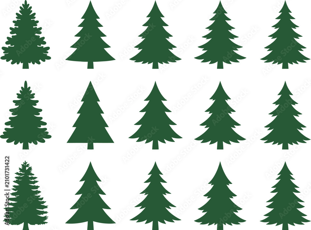 Obraz premium Pattern of uniform green evergreen tree silhouettes in rows