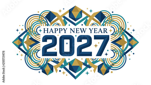 Konstfotografi Happy New Year 2027 Banner: A festive and ornate banner proclaims Happy New Year 2027 with a dazzling geometric design in shades of blue and gold, adorned with sparkling stars and abstract swirls