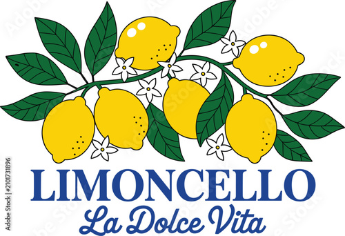 Fotografía Limoncello la dolce vita vintage label template vector with fresh yellow lemons