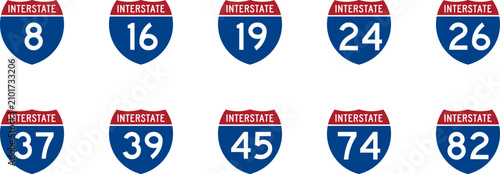 Set of american interstate highway road signs with various route numbers for travel navigation Vector