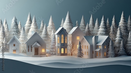 houses in a snowy forest background image featuring winter, trees, snow with landscape