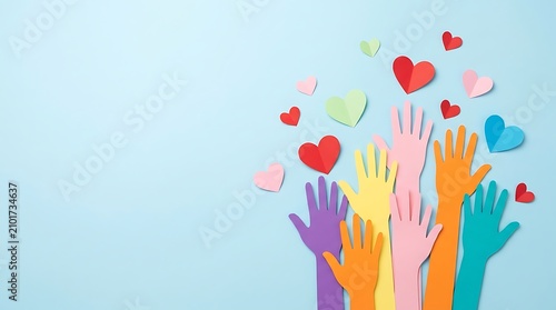 Colorful hands reaching with hearts diversity support and community concept