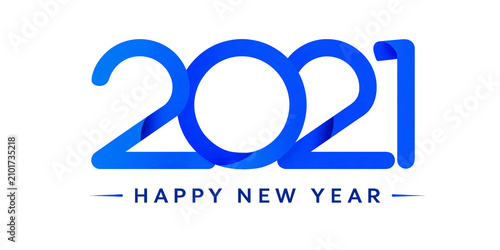 Blue 2021 happy new year text design with paper ribbon style numbers
