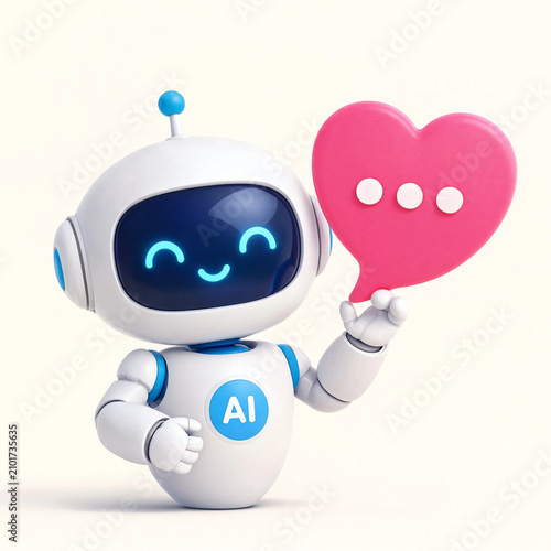 Cute white robot holding a pink heart speech bubble with a friendly smile