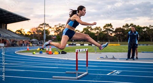 An athletic young woman in blue sportswear skillfully leaps high over a metal hurdle during a competitive track and field running race event at a stadium