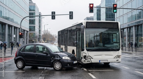 Car and bus accident at wet city intersection