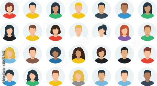Diverse Flat Vector Avatar Icon Set with Male and Female Faces of Various Ethnicities and Hairstyles for UI UX Profile Designs