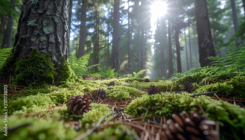 Sunlight streaming through trees onto a mossy forest floor