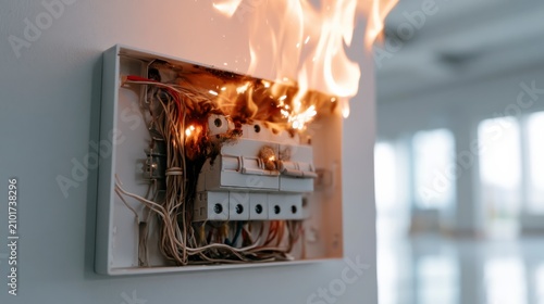 An electrical panel ignites in flames, showing a dangerous fire hazard caused by faulty wiring inside the wall.