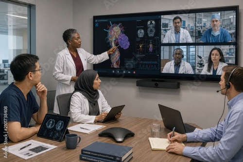 international medical specialists conduct a remote multidisciplinary consultation, sharing advanced imaging and discussing a complex patient case across hospitals and countries