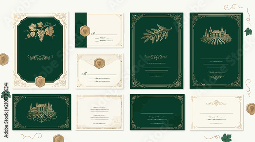 Elegant Invitation Designs - Green, Gold, Grapes, Olive Branches & Winery