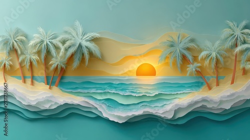 palm trees on a tropical beach background image at sunset featuring ocean, waves, sand