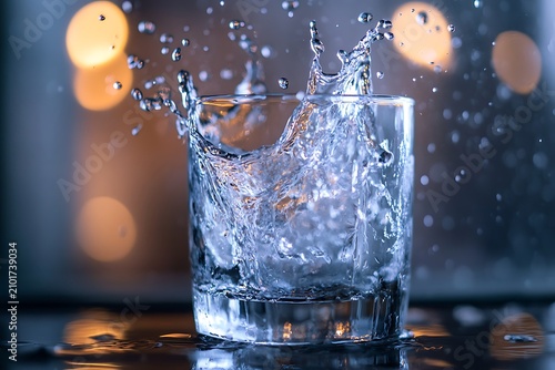 A glass of water with a dynamic splash and ice cubes against a bokeh background