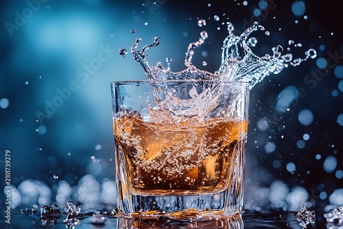 A glass of whiskey with a dramatic splash of liquid against a blue background