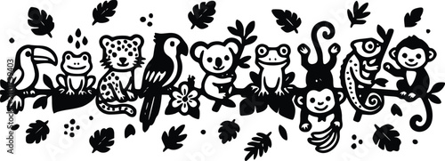 Photography A flat black and white vector illustration featuring various cute jungle animals