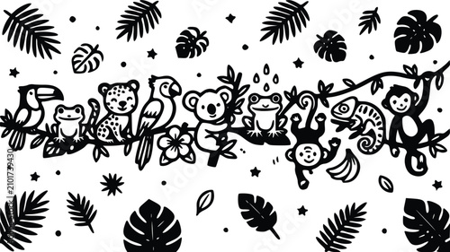 Canvas Print A charming black and white vector illustration featuring various cute jungle animals sitting together on a stylized tropical vine branch