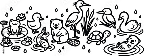 Konstfotografi Black and white vector illustration featuring a collection of cute pond animals