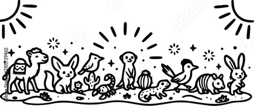 Tableau sur toile A playful black and white vector illustration featuring various desert animals i