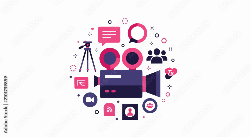 Naklejka premium Social Media Video Content Creation Flat Design Concept with Camera, Tripod, and Engagement Icons
