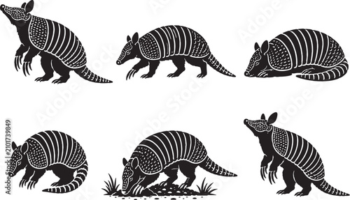 Fotografie Giant Armadillo Black Silhouette Icon Set Wildlife Vector Illustration