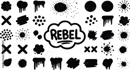 Quadro su tela Collection of black vector graphic ink splatters and rough hand drawn elements f