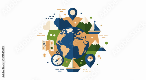 Global Travel and Adventure Flat Illustration with Earth, Mountains, Sailboat, Map, and Compass Concept
