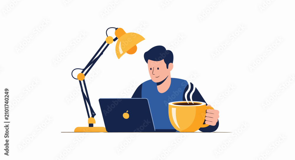 Fototapeta premium Man Working on Laptop with Large Coffee Cup and Desk Lamp Vector Illustration