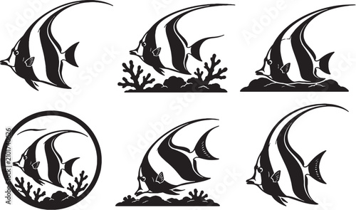 Schilderij op canvas Moorish Idol Silhouette Icon Set Black Vector Tropical Reef Fish Collection