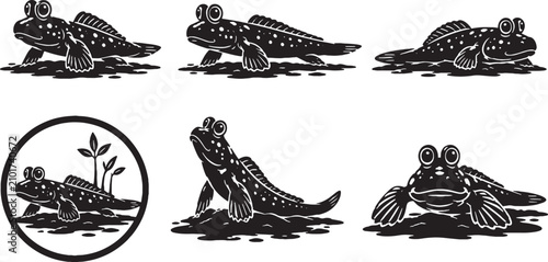 Konstfotografi Mudskipper Silhouette Icon Set Black Vector Amphibious Fish Collection