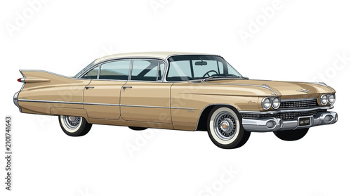 Foto Detailed illustration of a classic American car with tail fins, isolated on white