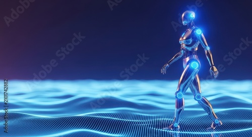 A futuristic metallic robot walks across a glowing digital landscape with smooth movements and bright blue lights reflecting on polished metal, virtual, innovation, high-tech