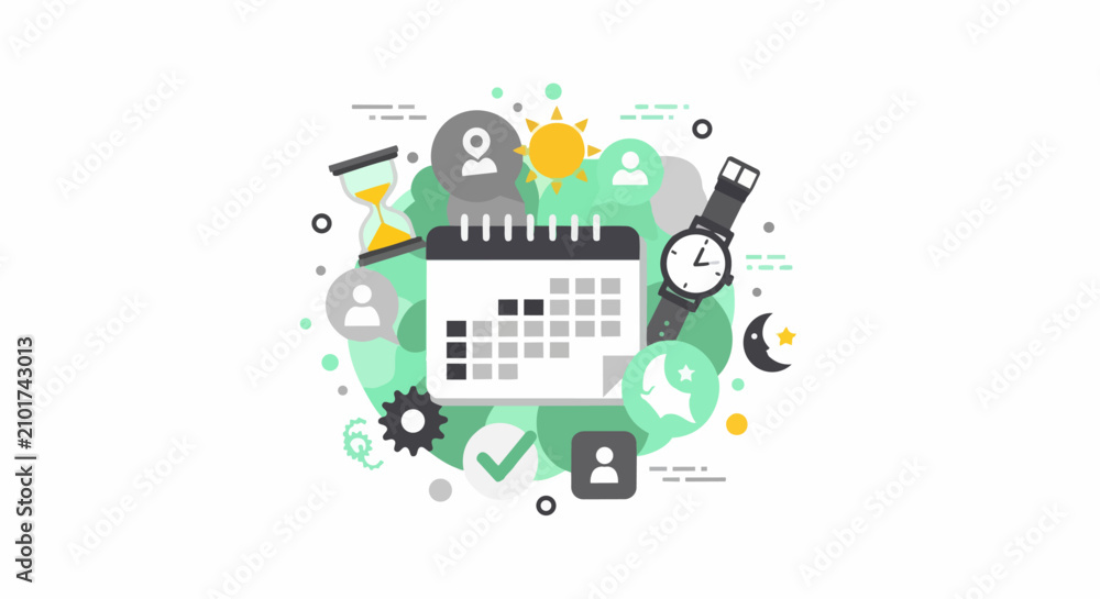 Fototapeta premium Time Management and Planning Vector Illustration with Calendar, Watch, and Hourglass Icons