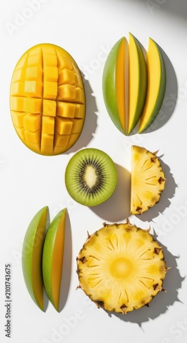 A vibrant collection of fresh tropical fruits including sliced mango, kiwi, and pineapple arranged neatly on a clean white background, studio, isolated, vegetarian