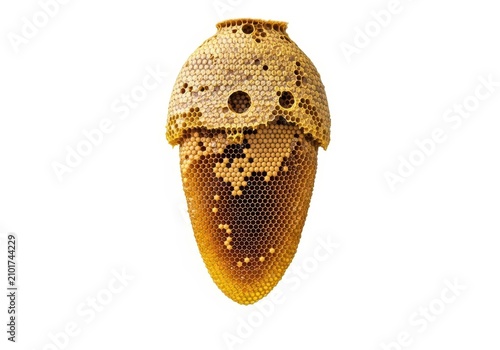 Detailed close-up of a textured organic beehive hanging against a solid white background, showing intricate geometric patterns and wax cells, nature, beehive, close-up