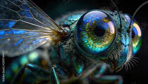 Fantasy blue fly with iridescent compound eyes and transparent wings in dark background