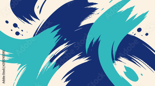 Expressive abstract brush stroke swipes in deep indigo and bright turquoise, energetic paint texture vector background with sweeping motion, splatters and modern creative poster style