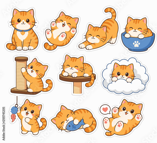 Cute orange tabby cat sticker set vector illustration
